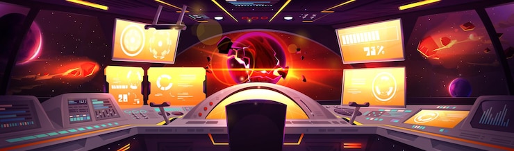 Kostenlose Vektor innenraum des raumschiff-cockpits, cartoon-vektor-hintergrund. futuristische alien-panel-kontrollstation in der nasa-raumschiffkabine mit fenster für galaxienblick auf kosmisch fliegende asteroiden und planeten explodieren