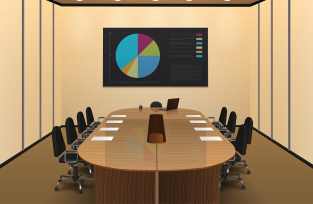 Innenraum realistisches Design des Konferenzraums mit Diagramm auf der Schirmvektorillustration