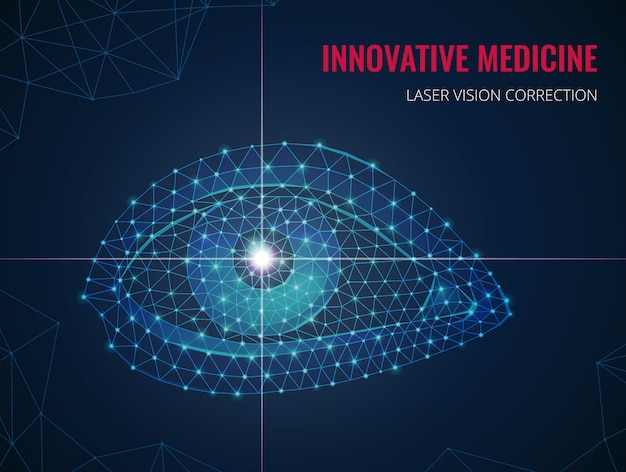 Innovative Medizin mit Bild des menschlichen Auges im polygonalen Drahtgitterstil und Werbung der Vektorillustration der Lasersichtkorrektur
