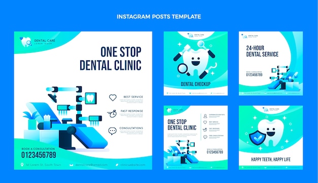Kostenloser Vektor instagram-beiträge von zahnkliniken mit farbverlauf