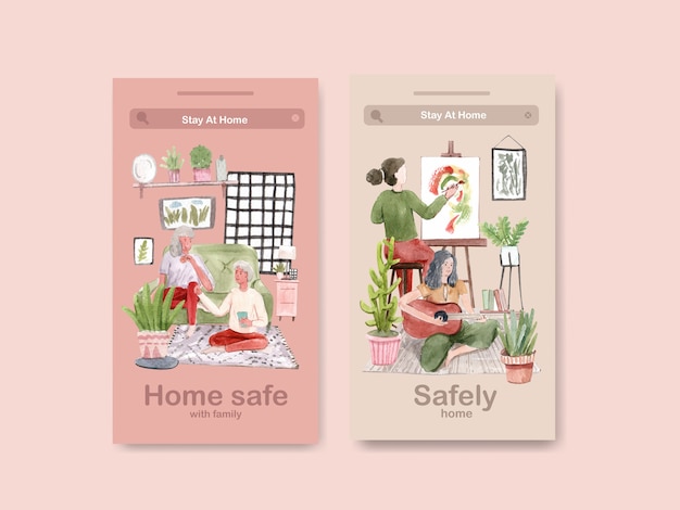 Instagram design bleiben zu hause konzept mit menschen zeichnung und familie aquarell illustration