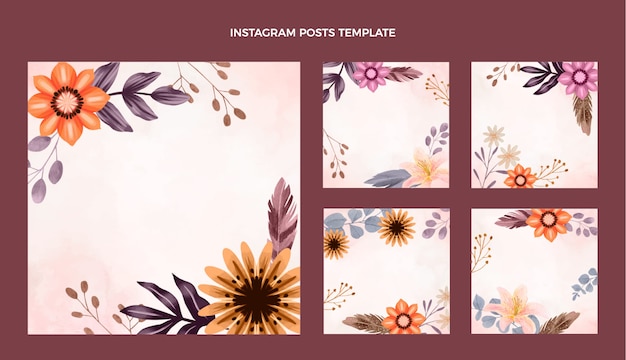 Kostenloser Vektor instagram-posts mit aquarellblumen