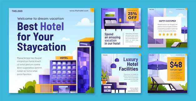 Kostenloser Vektor instagram-posts mit gradienten hoteleinrichtungen