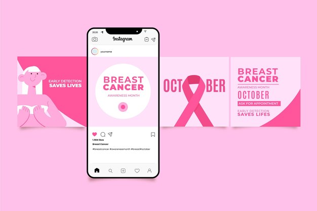 Instagram-Posts-Sammlung des flachen Brustkrebs-Bewusstseinsmonats