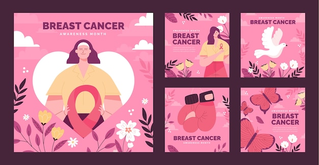 Kostenloser Vektor instagram-posts-sammlung des flachen brustkrebs-bewusstseinsmonats