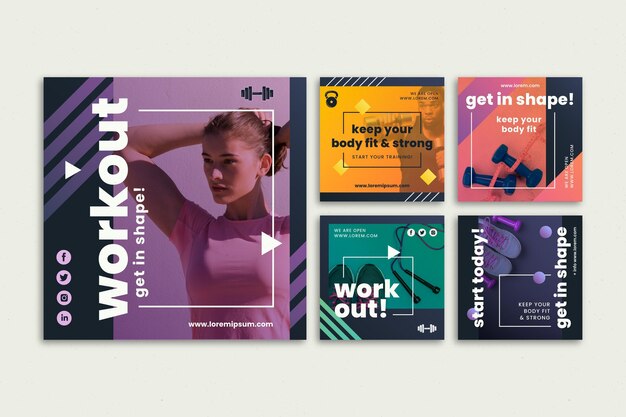 Instagram-Posts-Sammlung für Gesundheit und Fitness mit Farbverlauf