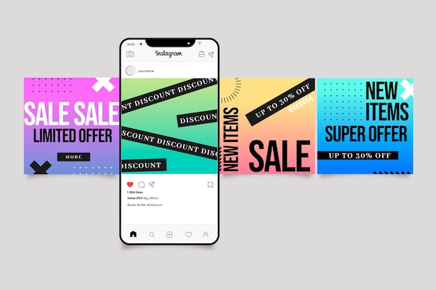 Kostenloser Vektor instagram-verkaufspost-sammlung mit farbverlauf