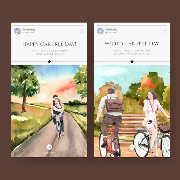 Kostenloser Vektor instagram-vorlage mit world car free day-konzeptdesign für social media und internet-aquarell.