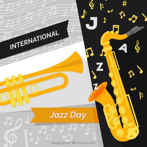 Kostenloser Vektor internationale jazz-tag hintergrund mit musikinstrumenten