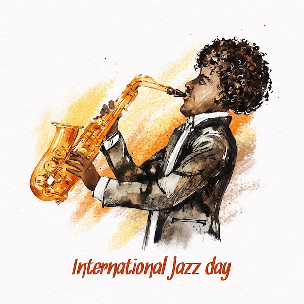 Internationaler Jazz-Tag mit Aquarellmann, der Saxophon spielt