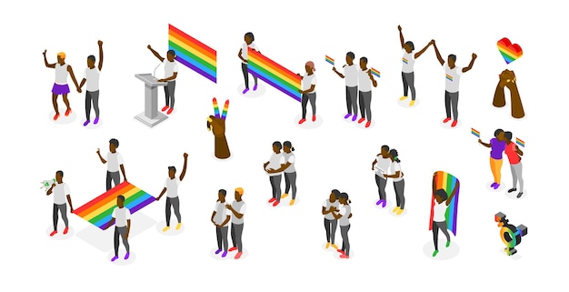 Internationaler tag gegen homophobie isometrische neu einfärben symbole satz von menschen mit regenbogenfahnen und lgbt-symbolen isolierte vektorillustration