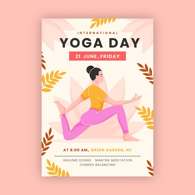 Internationaler yoga-tag handgezeichneter flacher flyer oder poster