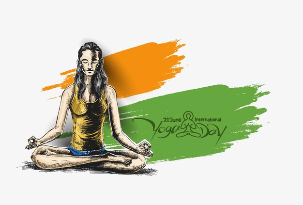 Internationaler Yoga-Tag Junge Frau meditiert abstrakte Post-Werbebanner-Vektorillustration