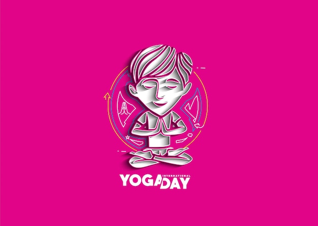 Internationaler Yoga-Tag Junge meditiert Post-Werbebanner-Vektorillustration