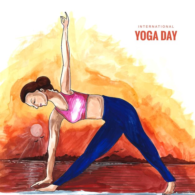 Internationaler Yoga-Tag mit Frau, die Yoga-Pose-Aquarell-Hintergrund macht