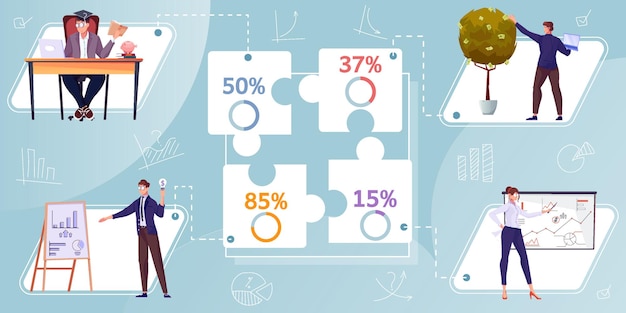 Investitionsinfografiken mit puzzleteilen prozentgraphen und kritzeleien menschlicher charaktere mit symbolen der balkendiagrammillustration