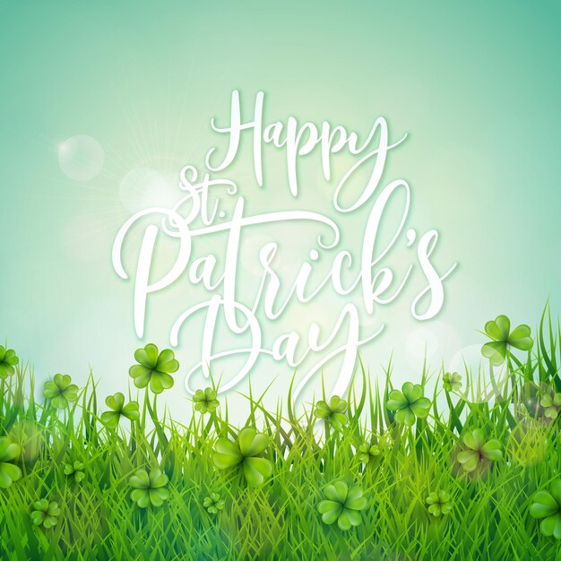 Irische St. Patricks Day Illustration mit grünem Kleefeld auf blauem Himmelshintergrund und Sonnenaufgang