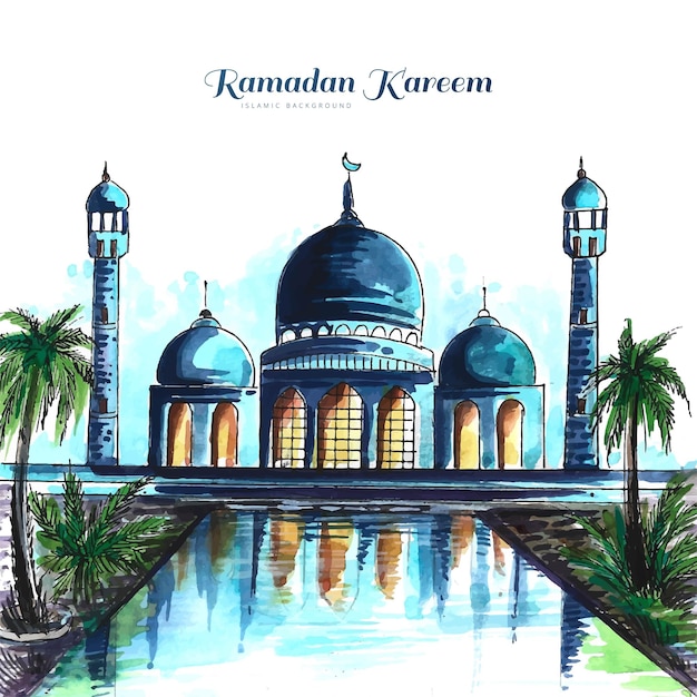 Kostenloser Vektor islamische moschee aquarell landschaft ramadan kareem hintergrund