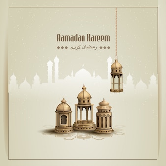 Islamischer gruß ramadan kareem kartenentwurf mit schönen goldenen laternen