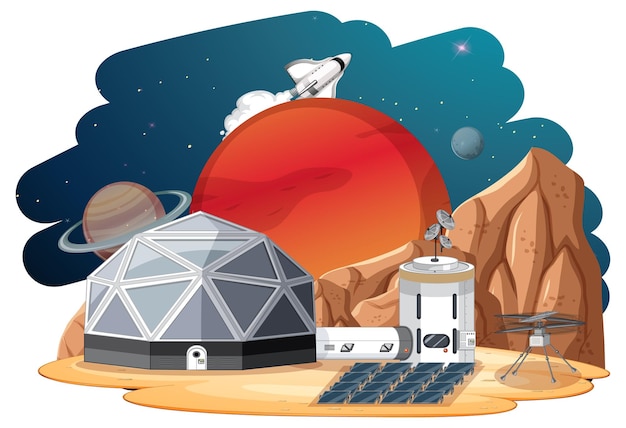 Isolierte landschaft der planetenoberfläche mit koloniegebäuden