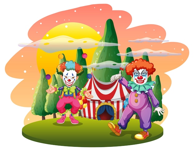 Isolierte szene im freien mit clown-zeichentrickfiguren