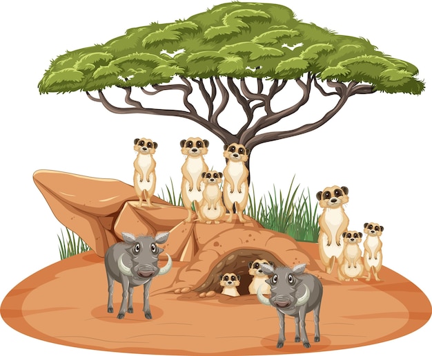 Isolierter savannenwald mit erdmännchen und wildschweinen