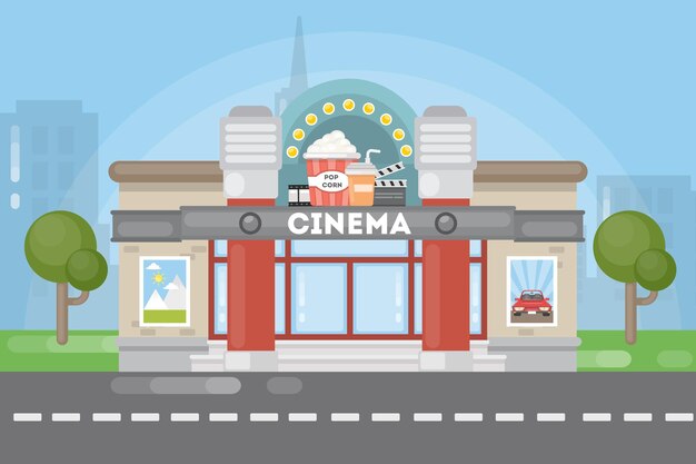 Isoliertes Kinogebäude Haus mit Kinoschild und Secoration als Popcorn Städtische Straße
