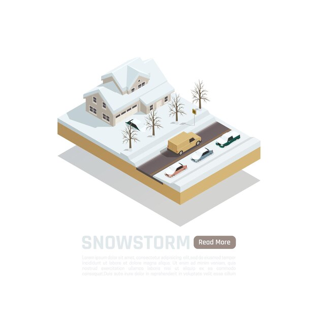 Isometrisch gefärbte Naturkatastrophenzusammensetzung mit Schneesturm und schneebedeckten Straßen und Häusern