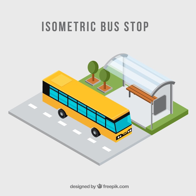 Isometrische Ansicht von Bus und Bushaltestelle mit flachem Design