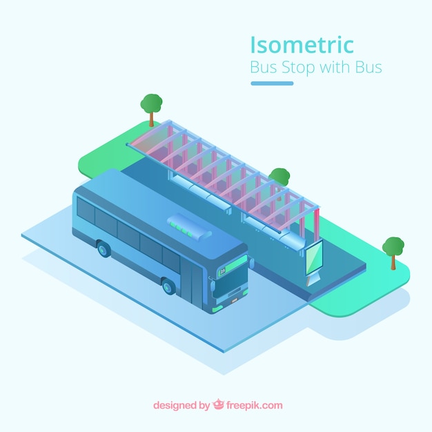 Kostenloser Vektor isometrische ansicht von bus und bushaltestelle mit flachem design