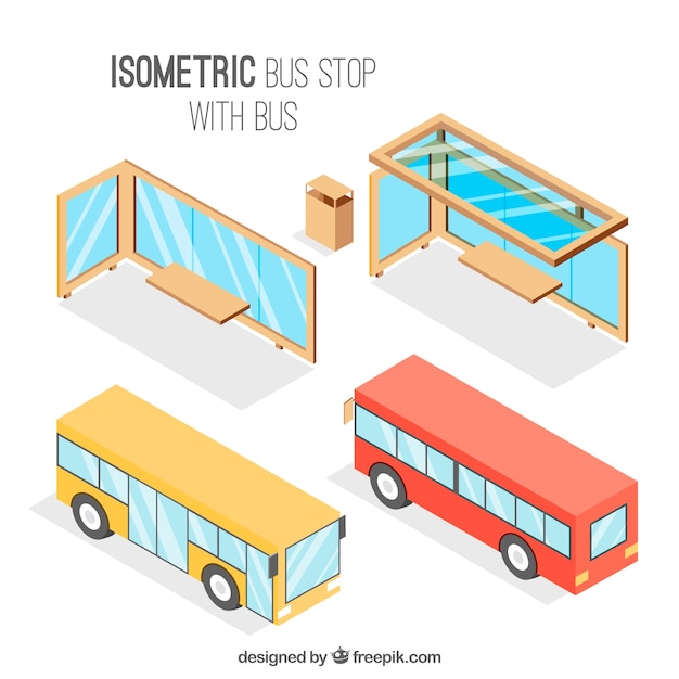 Kostenloser Vektor isometrische ansicht von bus und bushaltestelle mit flachem design