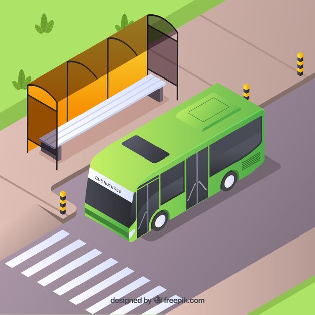Isometrische Ansicht von Bus und Bushaltestelle