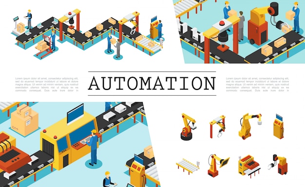 Kostenloser Vektor isometrische automatisierte fabrikelemente, die mit mechanischen roboterarmen für industrielle montage- und verpackungslinienbediener eingestellt sind