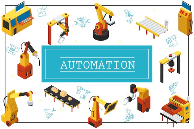 Kostenloser Vektor isometrische automatisierte industriemaschinenzusammensetzung mit mechanischen roboterarmen und automatischen förderbändern im rahmen