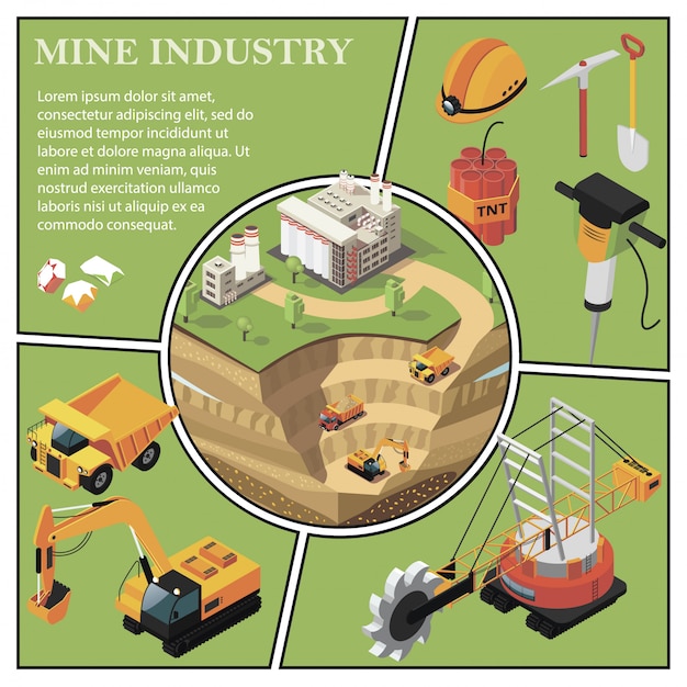 Isometrische bergbauindustrie zusammensetzung mit goldgewinnungsbereich in der nähe von fabrik schweren lkw bagger steinbruch maschine hammerbohrer dynamit edelsteine schaufel spitzhacke helm