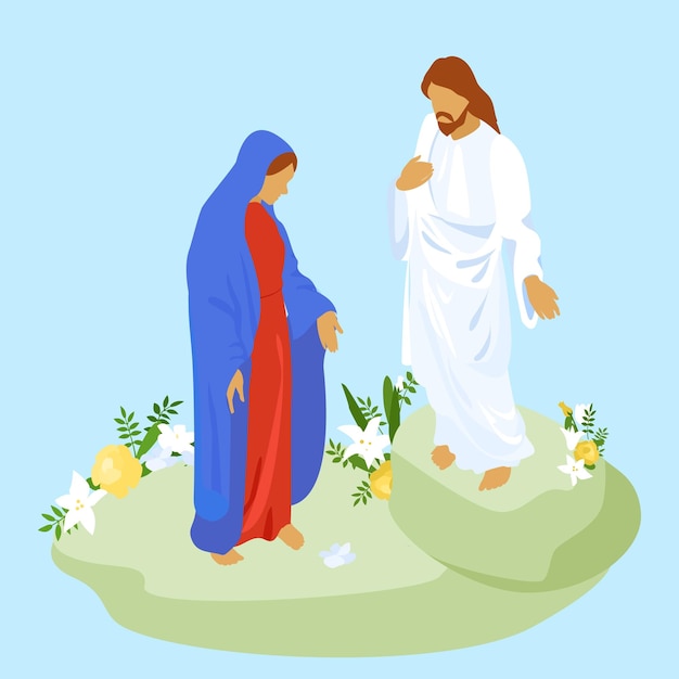 Isometrische charaktere von jesus christus und der jungfrau maria auf blauem hintergrund, vektorgrafik