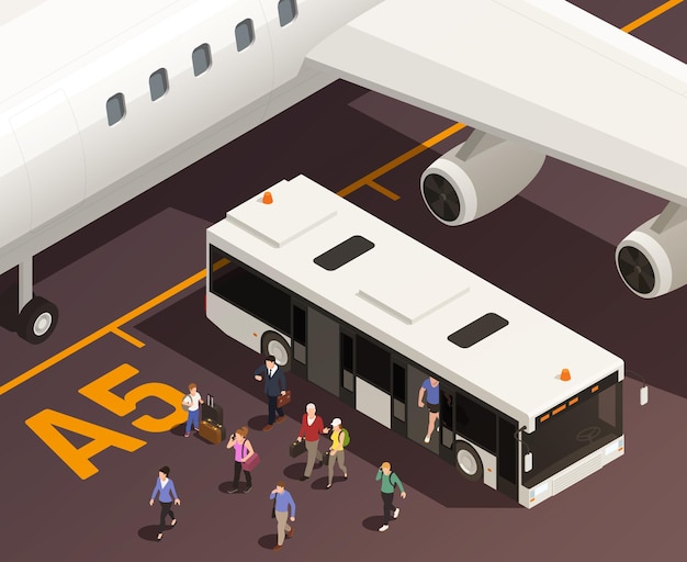 Isometrische Darstellung des Flughafens mit Außenansicht von Menschen, die mit Flugzeugflügel aus dem Shuttlebus aussteigen