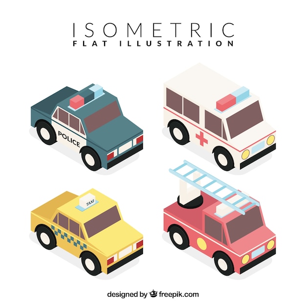 Kostenloser Vektor isometrische dekorative fahrzeuge