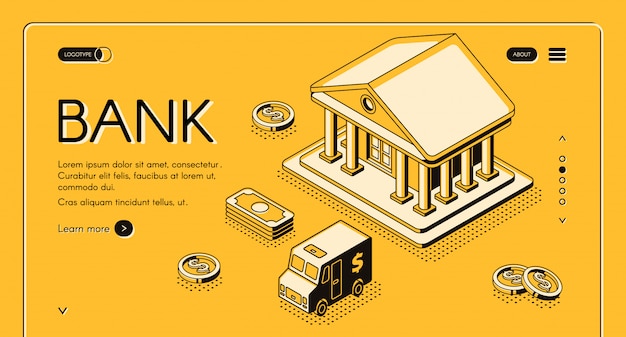 Kostenloser Vektor isometrische dünne linie illustration der bank und des geldes des dollargeldes und des bargeld cit van