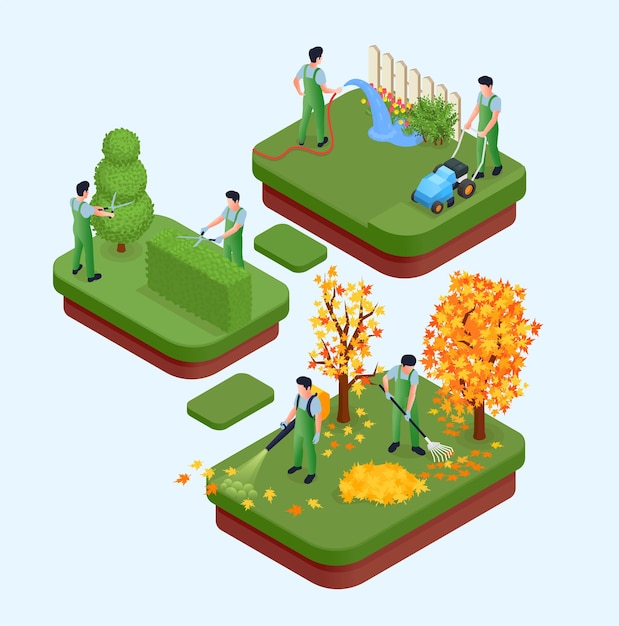 Kostenloser Vektor isometrische elemente der professionellen gartenarbeit, so dass topiary-baumrasenmähen, das herbstlaub reinigt, isolierte zusammensetzungen, vektorillustration