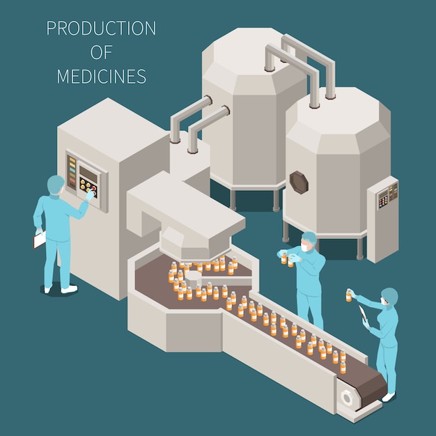 Isometrische farbige Zusammensetzung der pharmazeutischen Produktion mit Produktion von Medizinbeschreibungen und Arbeitsprozess in der Laborillustration