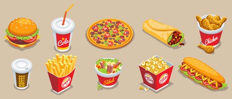 Kostenloser Vektor isometrische fast-food-sammlung mit verschiedenen produkten und getränken