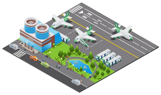 Isometrische flughafenschablone mit gebäudeflugzeugen, die prozessbusse der leiter-lkw-landebahnautos und -park einsteigen