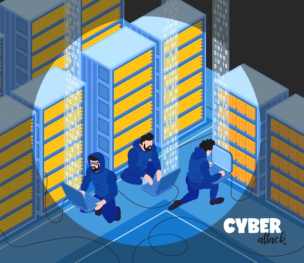 Isometrische Hacker-Zusammensetzung mit Text und Ansicht von Hackern gruppieren menschliche Charaktere mit Server-Racks-Vektorillustration