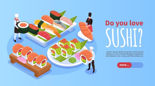 Kostenloser Vektor isometrische horizontale website mit blauem hintergrundbanner mit sushi und maki, serviert auf tabletts und teller, 3d-vektorillustration