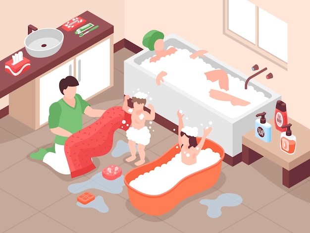Isometrische Hygienezusammensetzung mit Badezimmerlandschaft und Charakteren von Erwachsenen und Kindern, die mit Schaum baden