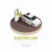 Kostenloser Vektor isometrische illustration der ökologie der grünen energie mit bearbeitbarem text der elektroauto-ladestation und lesen sie mehr schaltfläche