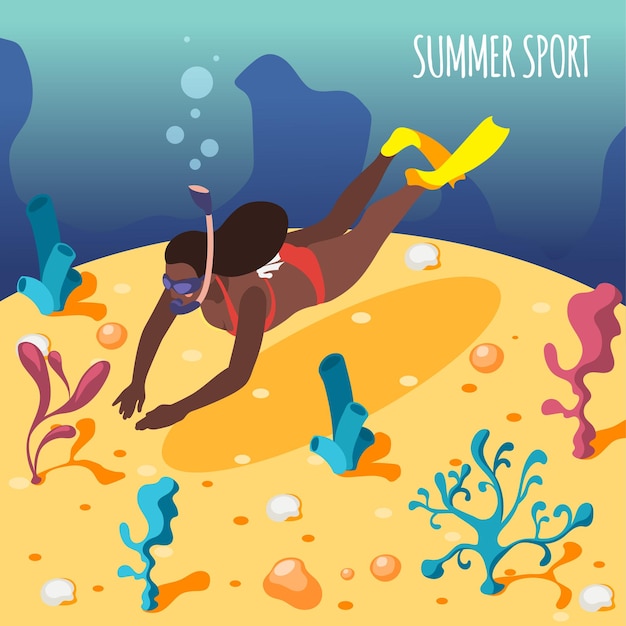 Isometrische illustration der sommeraktivitäten mit weiblicher taucherin, die unterwasserleben im meer beobachtet