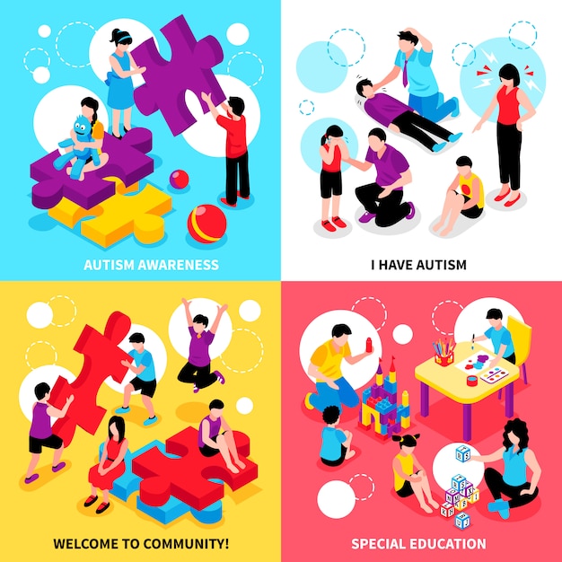 Isometrische illustration des autismusbewusstseins stellte mit verhaltensproblemen und krankheitssondererziehung und -gemeinschaft ein