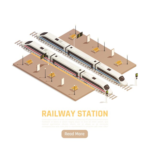 Isometrische Illustration des Bahnhofs mit bearbeitbarem Text und Plattformen mit Intercity-Zügen